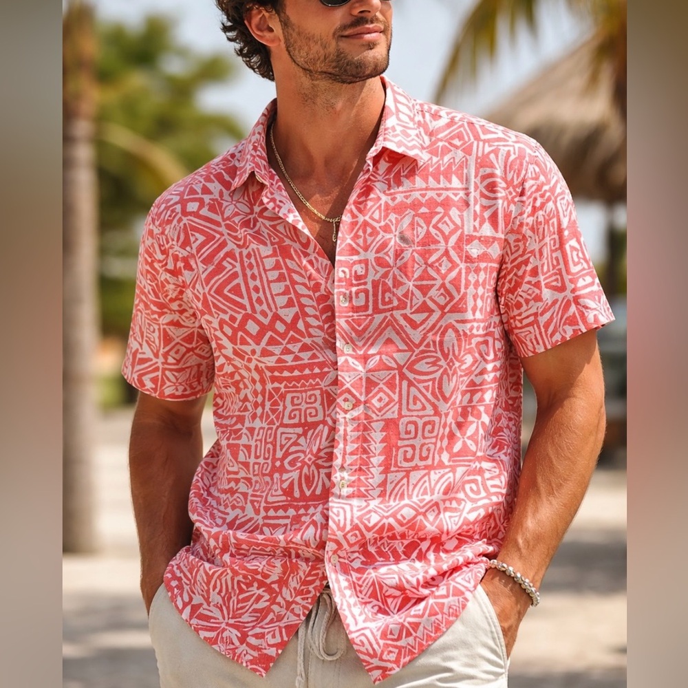 Quiksilver Waterman Short Sleeve Button Up Shirt | Red White Print | Size XXL
